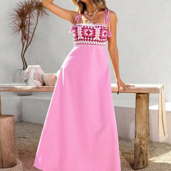 Pink Boho Women's Crochet Splice Spaghetti Strap Maxi Dress - Picture 5 of 7